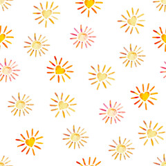 Fototapeta na wymiar Watercolor Sun with Hearts seamless pattern on the white background. Cute cartoon print. Ideal for fabrics, textiles, baby clothes, wrapping paper.