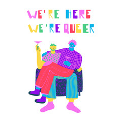 Queer people showing affection to each other and a hand written phrase. Celebrating pride month and the LGBTQ plus community. Vibrant acid colors. 
