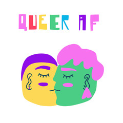 Queer people kissing each other and a hand written phrase. Celebrating pride month and the LGBTQ plus community. Vibrant acid colors.