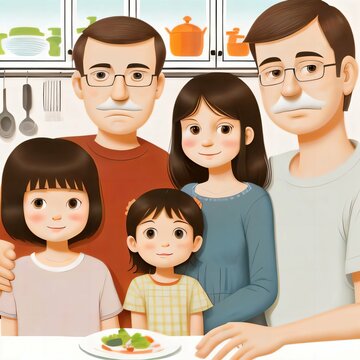 Illustration of a family portrait, father, mother and daughter cooking together a family meal. Generative AI.