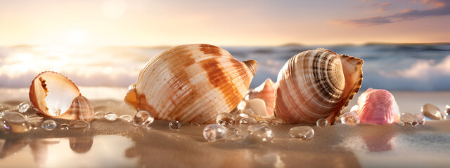 Shells on the beach with splash and droplets of water at sunset. AI generated