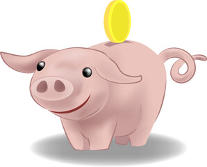 a piggy bank with a coin going into it.