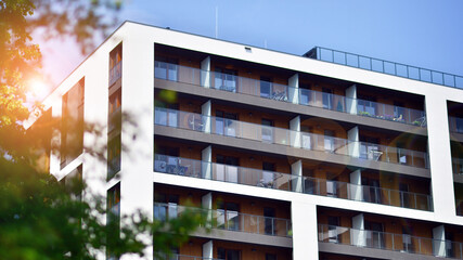 Eco architecture. Green tree and new apartment building. The harmony of nature and modernity. Modern residential building with new apartments in a green residential area. 