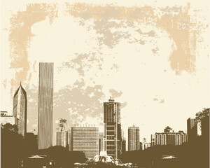 Grunge style view of Chicago skyline from Buckingham Fountain