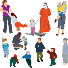 Colour vector silhouettes of mother and child (boys and girls)