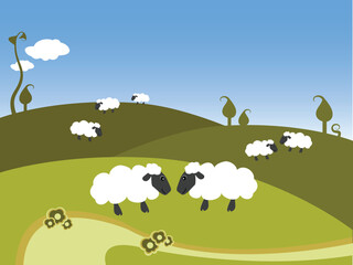 Obraz na płótnie Canvas illustration of black sheeps on a hill