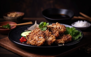 Fototapeta premium Fried veal with chili with onion cucumber sesame created with Generative AI technology