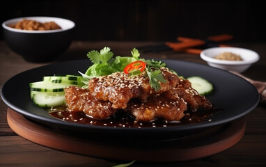 Fototapeta premium Fried veal with chili with onion cucumber sesame created with Generative AI technology