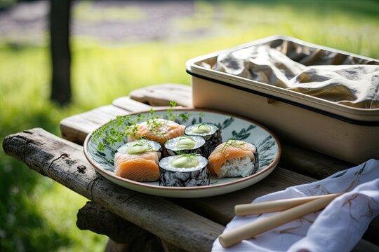 delicious plate of sushi on a wooden picnic table in a park. Generative AI