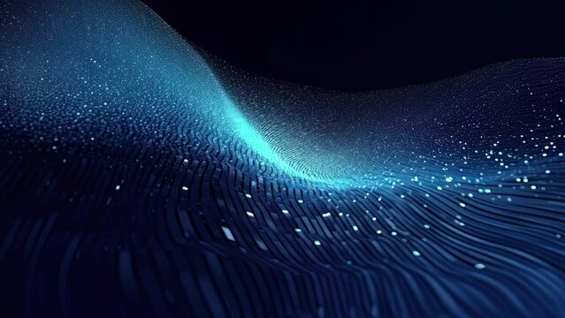 Abstract blue technology motion video background, creative cyber particles, data stream with lightning, creative liquid backdrop for business purposes