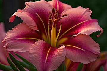 Close-Up View of a Pink Flower with Vibrant Yellow Stamen. Generative AI