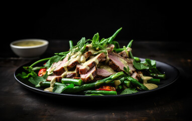 Grilled meat salad with green beans created with Generative AI technology