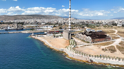 Aerial drone view from abandoned public fertiliser factory as seen at sunny winter slightly cloudy...