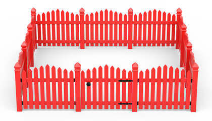 Wooden picket fence on white background that separates the objects