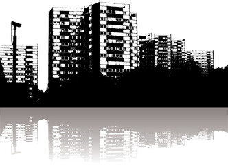 Illustration of a city skyline with reflection in black and white