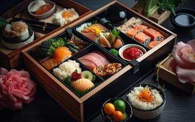 Fototapeta na wymiar Japanese bento lunch set created with Generative AI technology