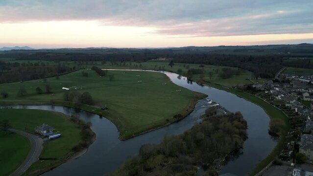Aerial view of the riverside in Kelso Scotland at dawn