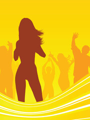 Silhouette of people dancing with sexy female at the front