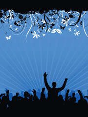 Silhouette of a party crowd on floral background