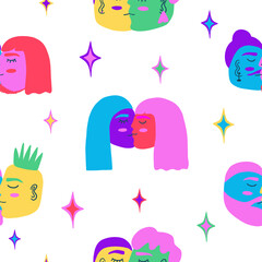 Seamless pattern with queer people kissing each other. Celebrating pride month and the LGBTQ plus community. Vibrant acid colors.
