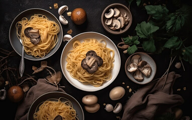 Mushroom spaghetti pasta and white cream sauce top viewcreated with Generative AI technology