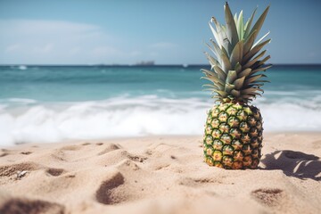 Pineapple on the sand on the beach in front of the sea with copy space. Concept of summer holidays. Generative AI.