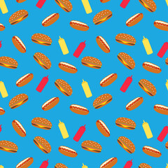 seamless pattern with cheeseburgers, hotdogs, mustard and catsup on a bright blue background