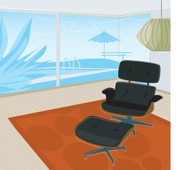 Fototapeta premium Retro-stylized modern lounge chair with view of swimming pool. Each item is grouped so you can use them independently from the background. Layered file for easy edit.