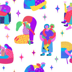 Seamless pattern with queer people showing affection to each other. Gay and lesbian couples. Celebrating pride month and the LGBTQ plus community. Vibrant acid colors.
