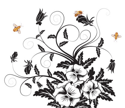 Bouquet of pansies with bee, element for design, vector illustration