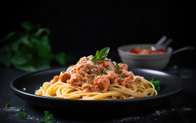 Pasta with salmon tartare and tomato sauce created with Generative AI technology