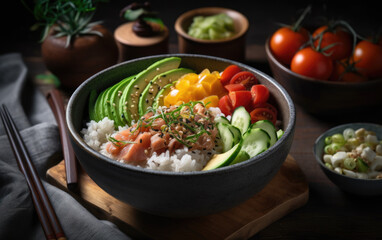 Poke bowl with smoked salmon rice avocado cucumber vegetables and cream created with Generative AI technology
