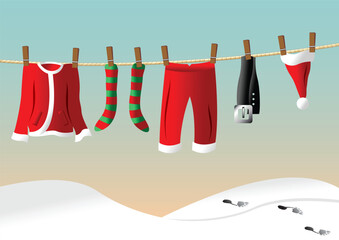 Santa Claus suit hanged on a clothes line