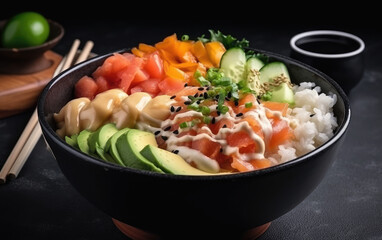 Poke bowl with smoked salmon rice avocado cucumber vegetables and cream created with Generative AI technology