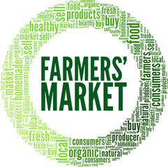 Farmers' Market word cloud conceptual design isolated on white background.