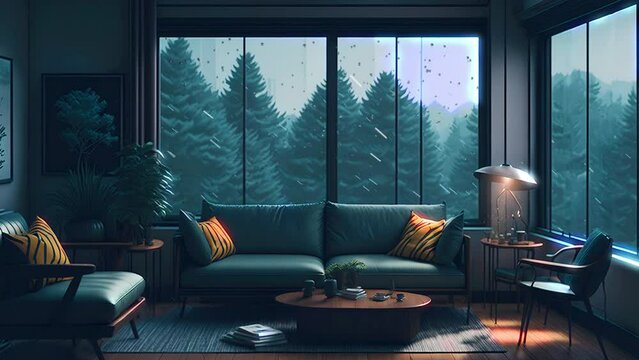 stream overlay loop, animated virtual backgrounds, cozy living room rainy atmospheric forest lo-fi, vtuber asset, twitch obs zoom background screen, anime chill hip hop aesthetic environment