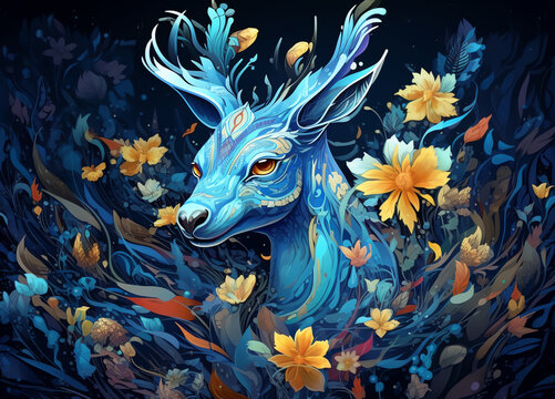 blue deer with flowers © RJ.RJ. Wave