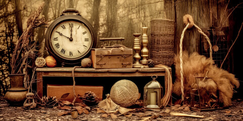 Vintage Wallpaper Banner with some Utensils in the Style of Meticulous Photorealistic Still Life Jumble of Objects Generative AI Background Digital Art