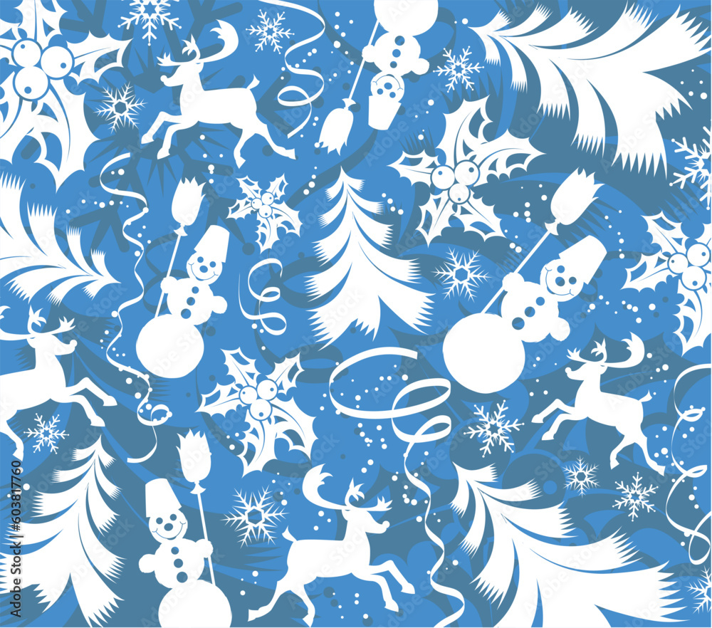 Sticker abstract christmas background with tree, snowman, mistletoe, deer, element for design, vector illust