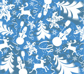 Abstract christmas background with tree, snowman, mistletoe, deer, element for design, vector illustration