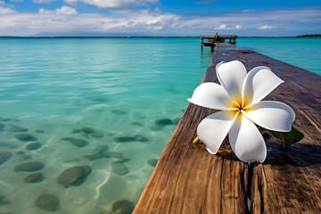 White plumeria flower over clear turquoise blue Caribbean sea water on vacation  - obrazy, fototapety, plakaty