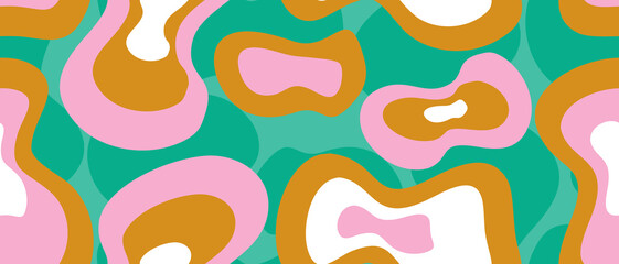 Cool Hand Drawn Abstract Wavy Spots Vector Pattern. Colorful Stretched Circles on a Aqua Green Background. Simple Irregular Geometric Vector Print ideal for Wrapping Paper. Groovy Retro Pattern.