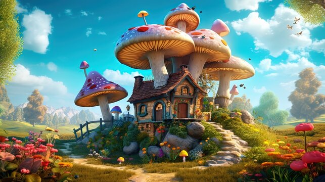 Magical house with mushrooms in cartoon style created by Generative AI