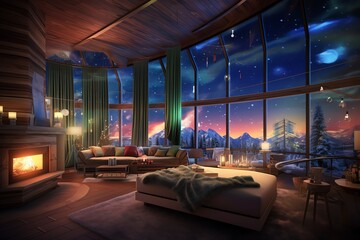 Fototapeta premium luxury room with Christmas tree and winter night view