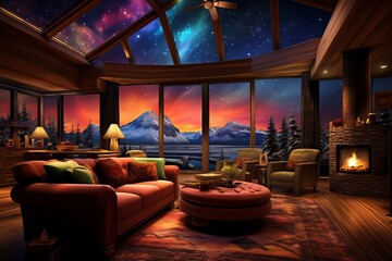 Obraz premium luxury room with Christmas tree and winter night view