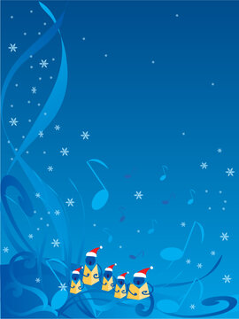 Abstract Christmas carolers in blue swirly background.