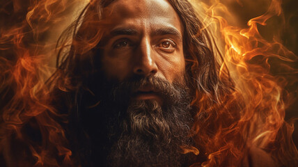 Moses and the burning bush. man with fire eloping his face. Generated AI