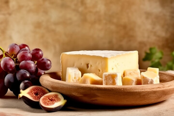 Cheese plate with soft cheese of brie and camembert served with grapes and figs. Italian and French cheeses. Generative AI