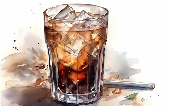 watercolor of iced coffee Americano created with Generative AI technology