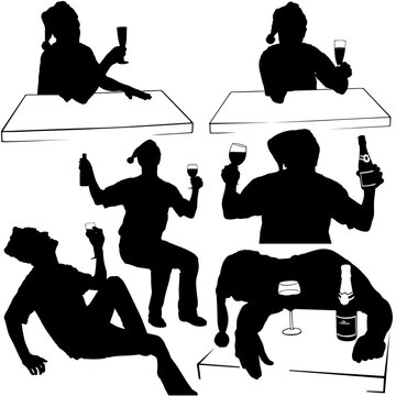 Silhouettes - Santa Drinking D - New Year's Celebrations - Champagne Toast    Detailed black and white vector illustration.